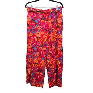 Maison d'Amelie Linen Pants Womens Medium Red Tropical Beach Coastal Beaded Belt